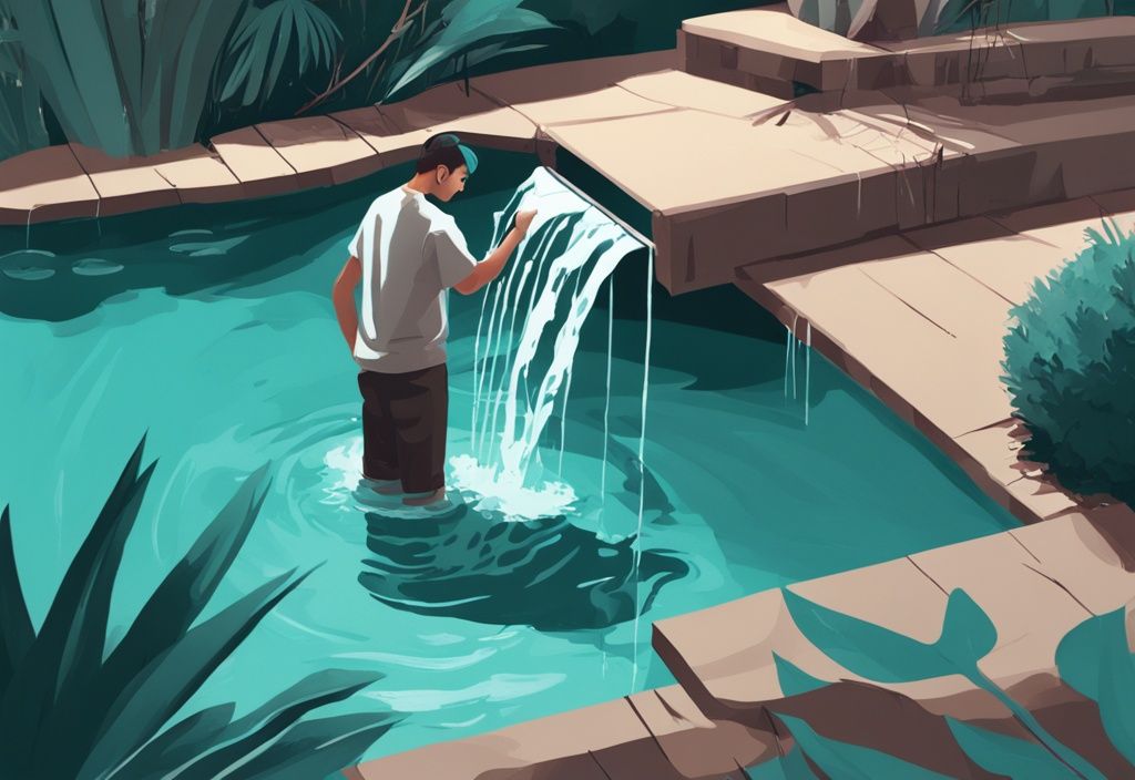 Moderne digitale Illustration einer Person, die dabei ist, einen Wasserfall-Pool im eigenen Garten selber zu bauen, Hauptfarbe: Türkis.