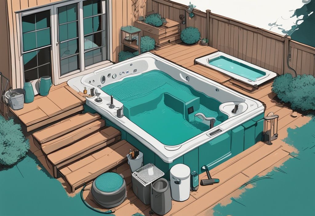 Moderne digitale Malerei mit DIY-Jacuzzi-Komponenten, die in einem Garten verteilt sind, neben einem teilweise fertiggestellten Jacuzzi und Werkzeugen, Hauptfarbe Teal.