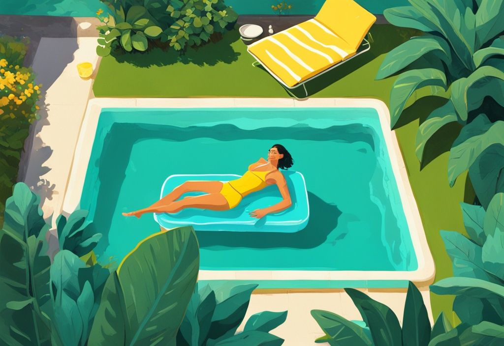 Moderne digitale Illustration eines gelben Pools unter klarem blauem Himmel, mit einem leuchtenden Pool-Float und einer Person darauf, umgeben von üppigen grünen Pflanzen.