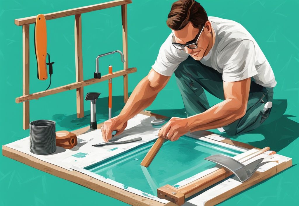 Mann baut fröhlich ein Sprungbrett am Poolrand im Hinterhof, umgeben von DIY-Werkzeugen und einem fertigen Bauplan, moderne digitale Illustration in Teal-Farben.