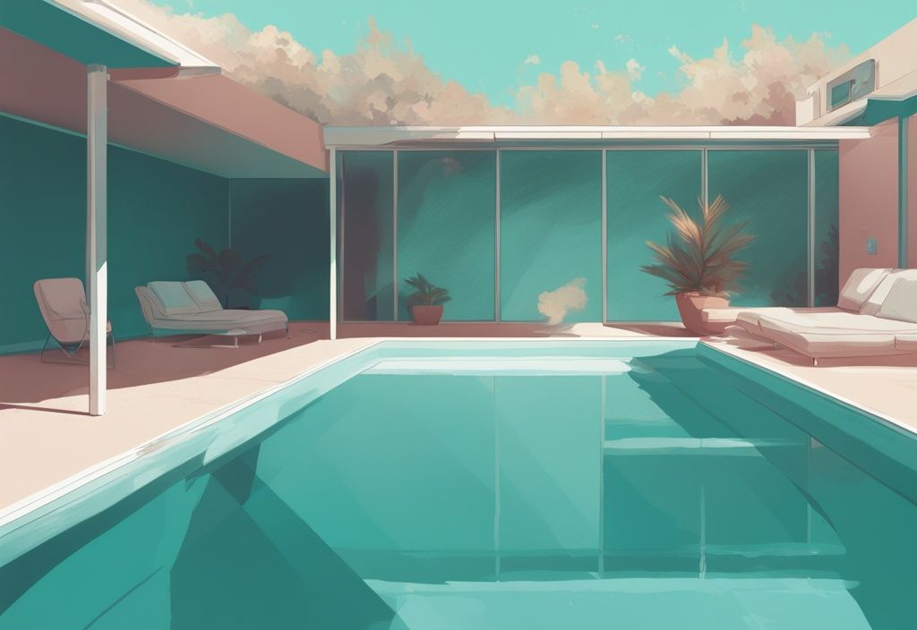 Moderne digitale Illustration eines Pools in Teal-Farben, die zeigt, warum sollte man den Pool abdecken: Sauberkeit und fehlende Ablagerungen auf der abgedeckten Seite im Vergleich zur unbedeckten Seite.