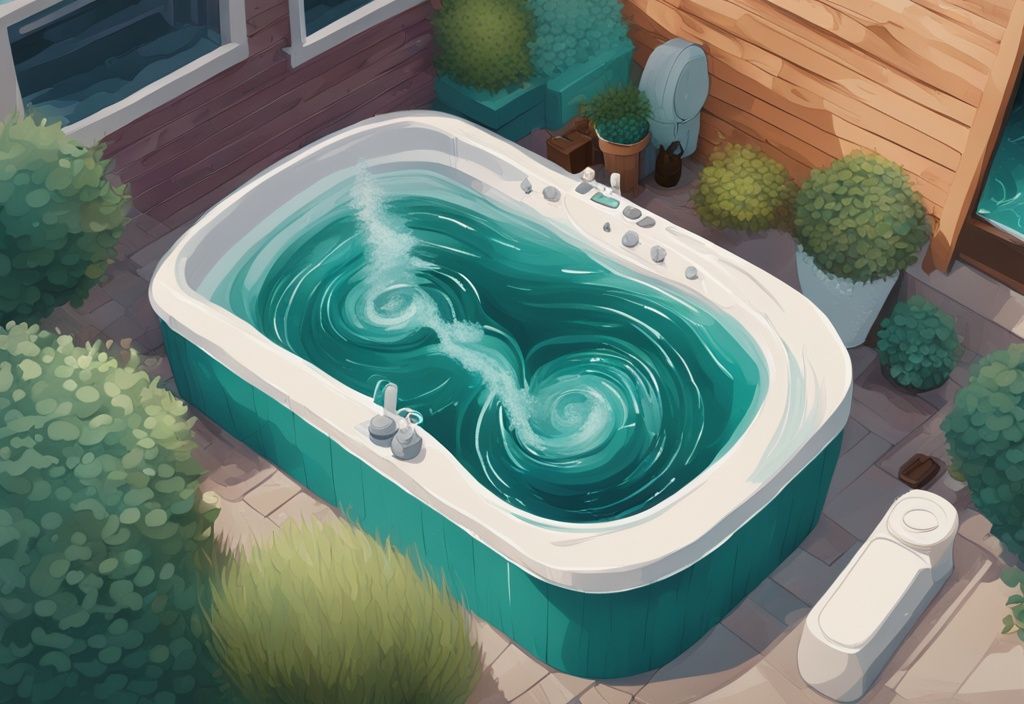 Selbstgemachtes Whirlpool-Setup im Garten mit großer Wanne und Pumpensystem, digitale Illustration in Teal-Tönen.