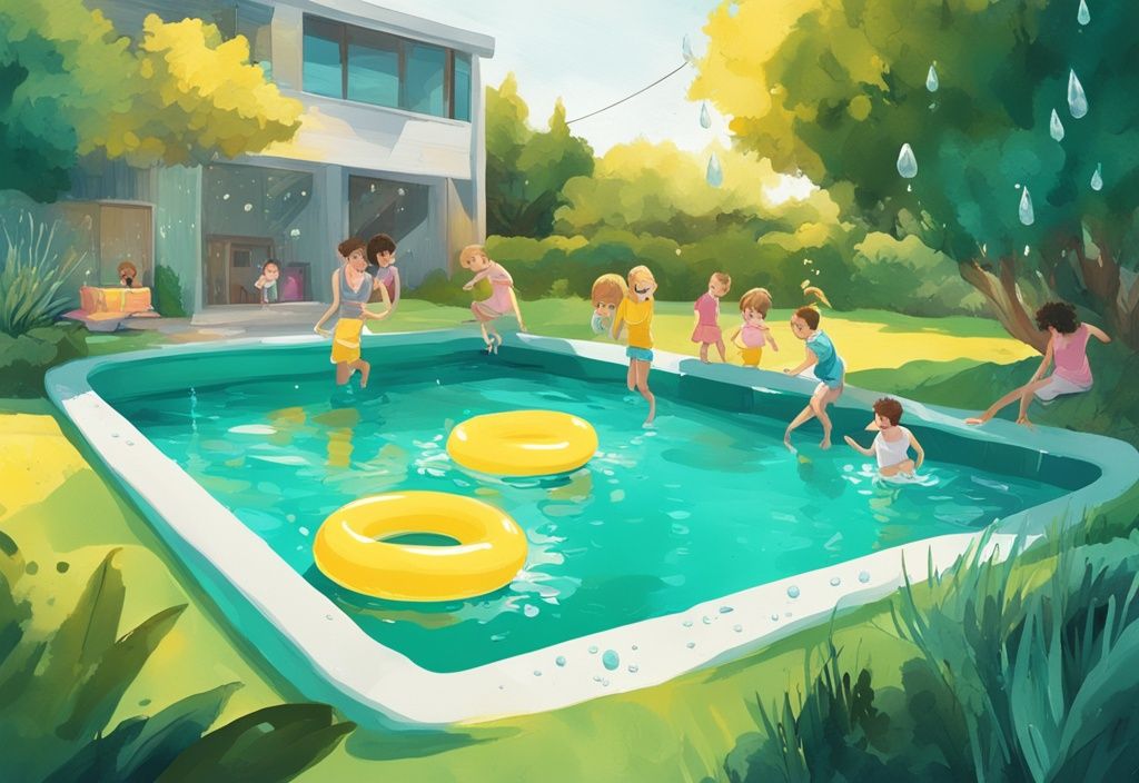 Moderne digitale Malerei mit gelbem aufblasbarem Pool, klarem Wasser, spielenden Kindern und grünem Garten im Hintergrund, Hauptfarbe Teal