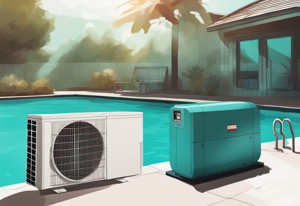 Nahaufnahme eines modernen Pool-Wärmepumpen-Inverters mit digitalem Bildschirm, der Testergebnisse anzeigt, neben einem Swimmingpool, in einer digitalen Malerei mit Teal-Farbschema.