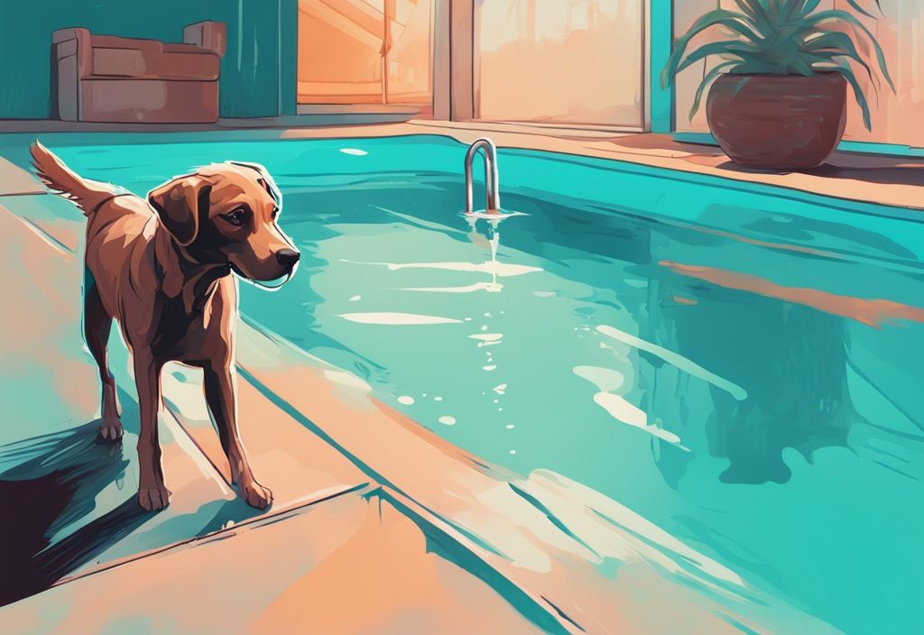 Moderner digitaler Gemäldeillustration mit einem Hund, der Wasser aus einem hellblauen chlorierten Schwimmbecken aufleckt, Hauptfarbthema ist Türkis.