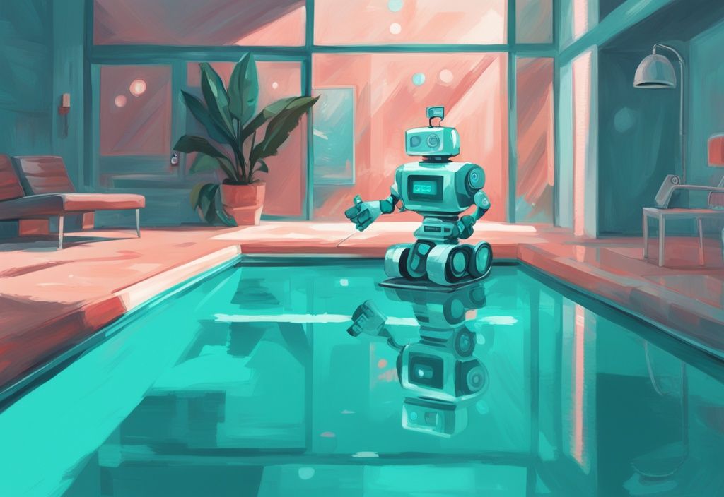 Moderner digitaler Gemäldeillustration eines Poolroboters neben einem Preisschild am Rand eines funkelnden, sauberen Pools - was kostet ein Poolroboter.