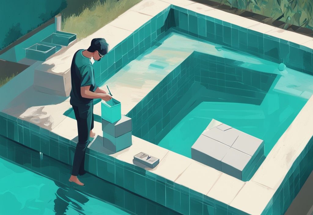 Moderne digitale Malerei, Person baut methodisch einen Pool mit Technikboxen nach eigenem Plan – Technikbox Pool selber bauen.