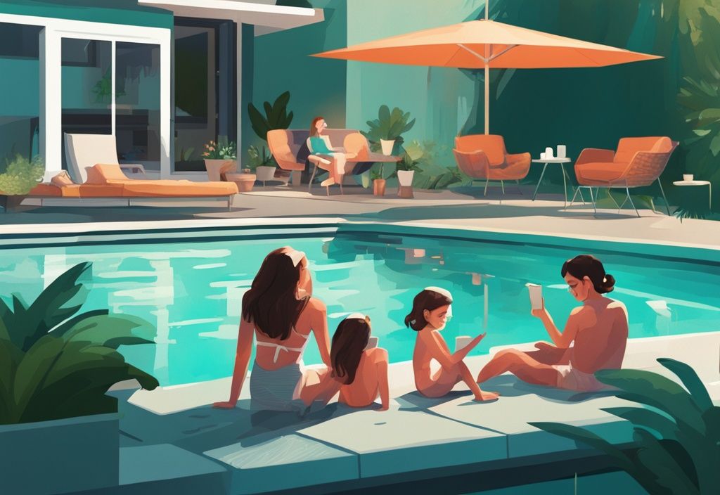 Moderne digitale Malerei einer Familie, die einen Sommertag neben ihrem halb eingelassenen Pool mit üppigem Grün und modernen Gartenmöbeln genießt, Hauptfarbe Teal.