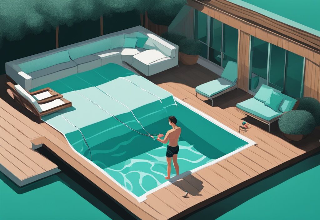 Person montiert DIY Poolabdeckung über einem Swimmingpool im Garten, moderne digitale Malerei, Hauptfarbe Türkis