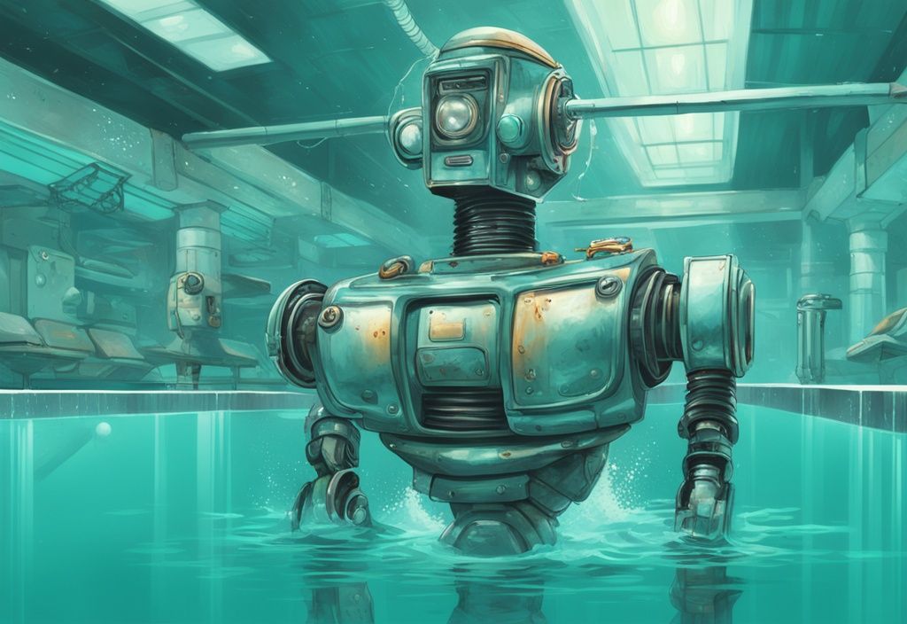 Moderner digitaler Gemälde-Illustration mit Teal-Farbschema, zeigt einen Poolroboter, der ein Schwimmbecken navigiert, mit Schnittansicht der internen Mechanik des Roboters.