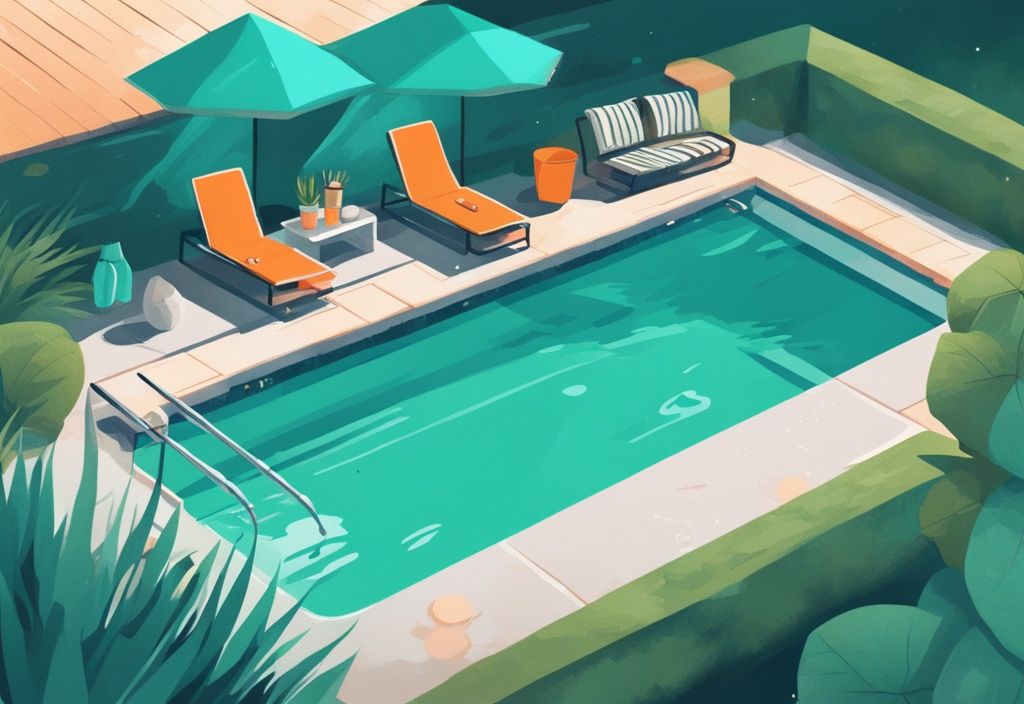 Moderne digitale Illustration in Teal: DIY-Sprungbrett Pool selber bauen neben funkelndem Swimmingpool mit Werkzeugen und Materialien.