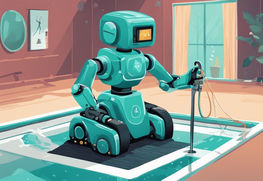 Moderner digitaler Gemäldeillustration eines hochwertigen Poolroboters in Teal, ausgezeichnet mit Trophäe und Sternebewertung für beste Wand- und Bodenreinigungsleistung.