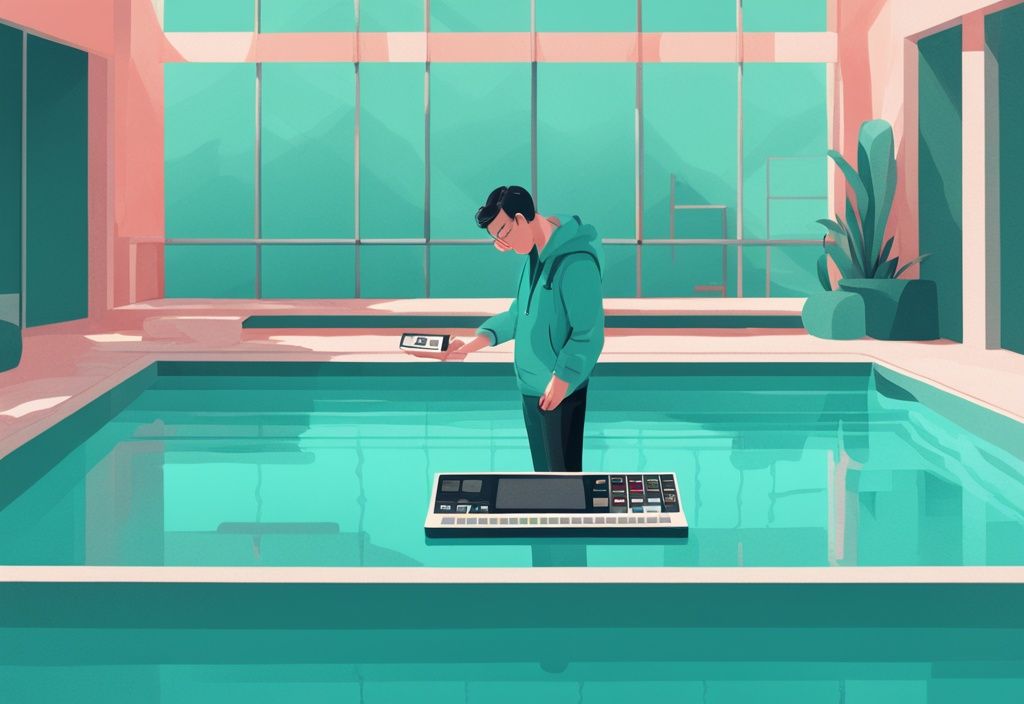 Moderne digitale Illustration einer Person mit einem Taschenrechner neben einem Swimmingpool, die das Volumen des Pools berechnet, Hauptfarbe Teal.