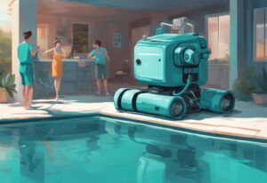 Moderne digitale Illustration in Türkis, die einen Wybot Poolroboter zeigt, der effizient den Pool reinigt, während beeindruckte Hausbesitzer am Poolrand zuschauen. Wybot Poolroboter Erfahrungen.