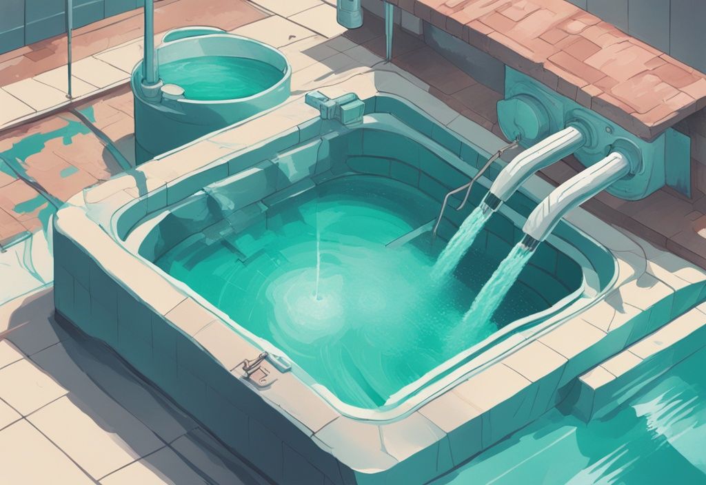 Moderne digitale Malerei-Illustration eines Pool-Filtersystems in Aktion, Hauptfarbe Türkis, zeigt den Rückspülprozess zur Reinigung und Rezirkulation des Wassers.