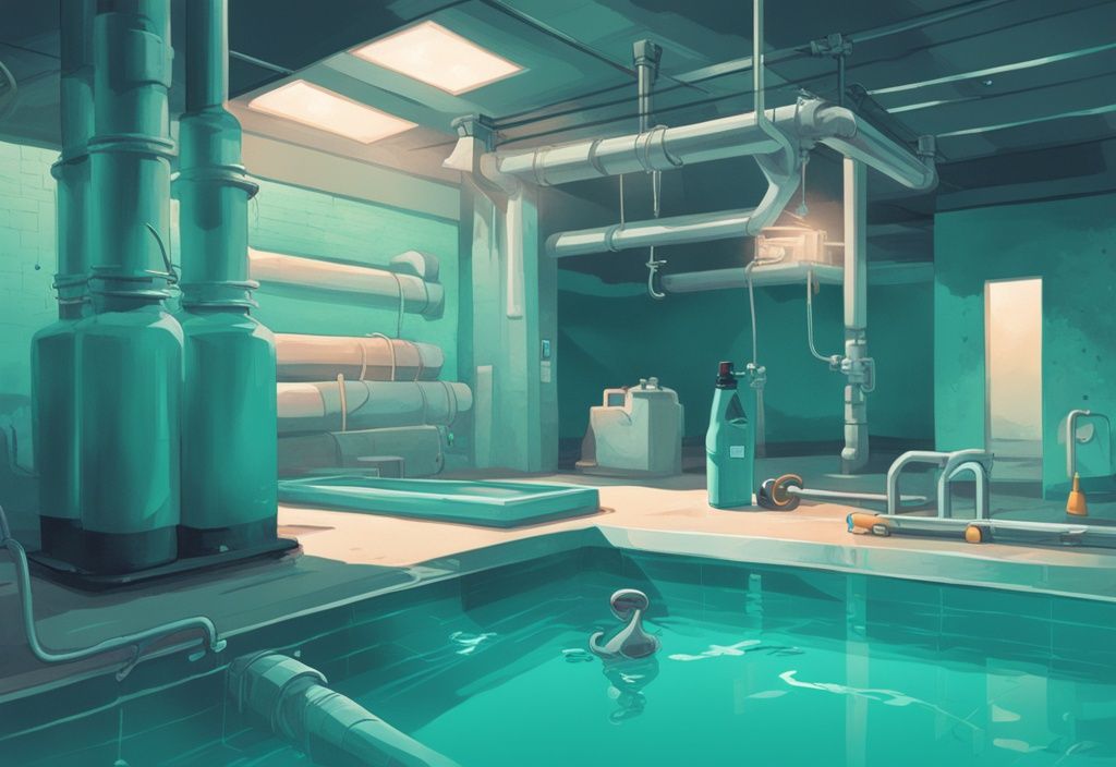 Moderne digitale Malerei mit Teal-Farbschema, zeigt einen Pool mit kristallklarem Wasser, Schockchlorierung, Schutzhandschuhe und Chemikalien