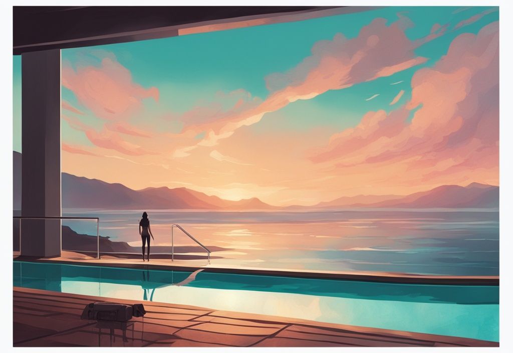 Modernes digitales Gemälde einer beleuchteten Infinity-Pool mit Blick auf den Ozean, Hauptfarbe Türkis.