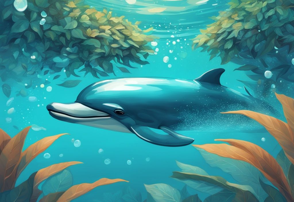 Moderner digitaler Malerei-Illustration mit dem Poolroboter Dolphin E25 im Test, untergetaucht in funkelndem blauem Wasser, umgeben von schwimmenden Blättern, zeigt seine Reinigungsfunktion im Schwimmbecken.