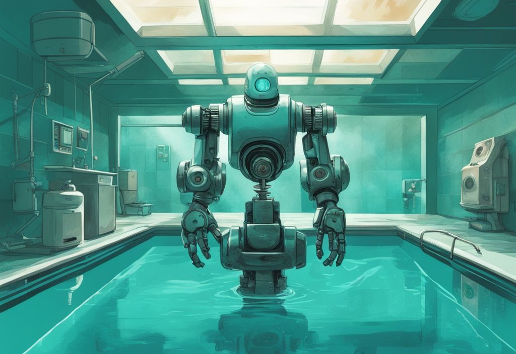 Moderne digitale Illustration eines Poolroboters in einem Schwimmbecken, mit aufgeschnittener Ansicht der internen Mechanik, Hauptfarbthema Teal