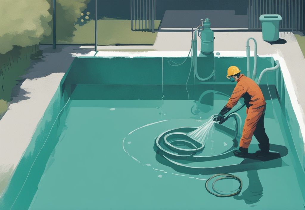 Moderne digitale Illustration, Person in Arbeitskleidung mit großem Schlauch, der in einen Pool mit trübem Wasser führt, Beginn des Entleerungsprozesses, Hauptfarbe Türkis.