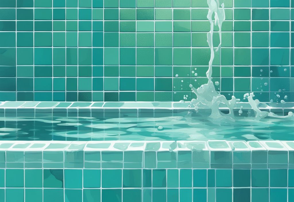 Moderne digitale Malerei mit Teal-Farbschema, Nahaufnahme der Wasseroberfläche eines Pools mit weißen Algen an blauer Fliesenkante.