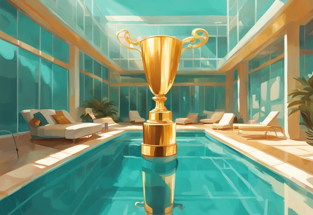 Moderne digitale Malerei mit Teal-Farbschema, Wärmepumpe Pool unter Sonnenlicht, große goldene Trophäe als Testsieger