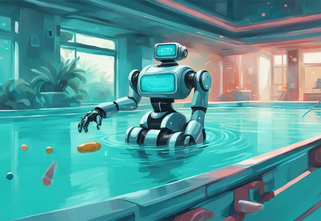 Wybot Pool Roboter in modernem digitalem Gemälde, navigiert in einem hellblauen Schwimmbecken, hervorgehobene High-Tech-Funktionen, Hauptfarbe Türkis.