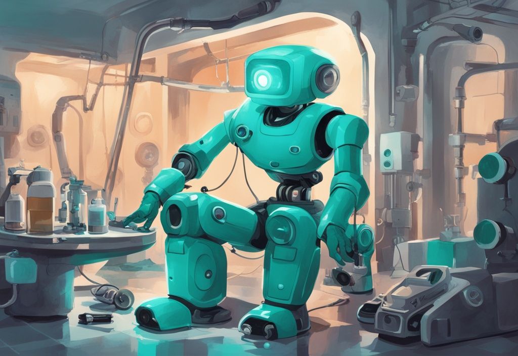 Zodiac Poolroboter Reparatur mit verstreuten Einzelteilen und Werkzeugen, moderne digitale Illustration in Teal.