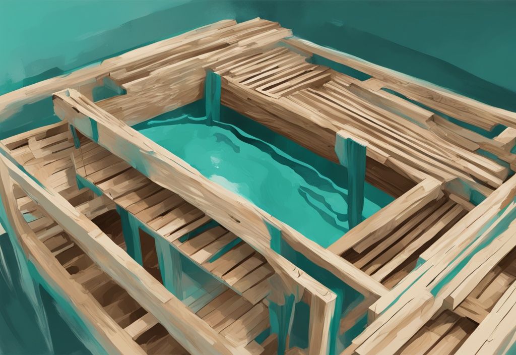 Moderne digitale Illustration in Teal-Tönen, die eine unvollständige Whirlpool-Umrandung aus Paletten selber bauen zeigt, mit handgefertigten Palettenstrukturen in der Fertigstellung.