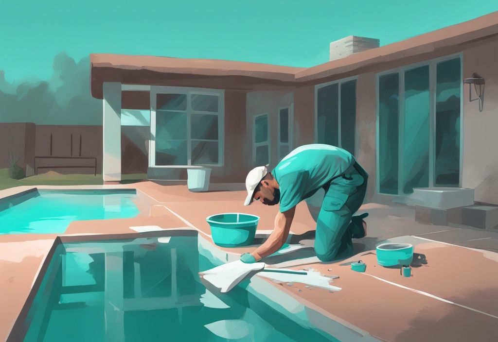 Do-it-yourself Enthusiast beim Pool-Untergrund selber bauen mit Werkzeugen und Baumaterialien, moderne digitale Illustration in Teal.