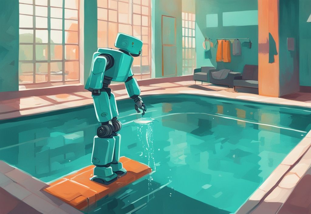 Moderner digitaler Gemälde-Illustration eines Poolroboters, der in einen modernen Swimmingpool eingesetzt wird, mit einem Preisschild darüber, Hauptfarbthema Teal.