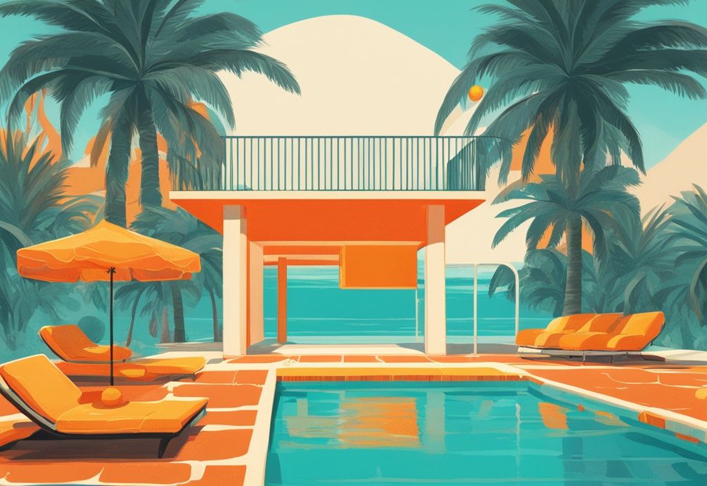 Moderne digitale Malerei mit Teal als Hauptfarbe, ein Pool aus leuchtenden Orangen- und Zitronenscheiben, der Vitamin C symbolisiert, mit Sprungbrett und Liegestühlen in tropischer Umgebung.