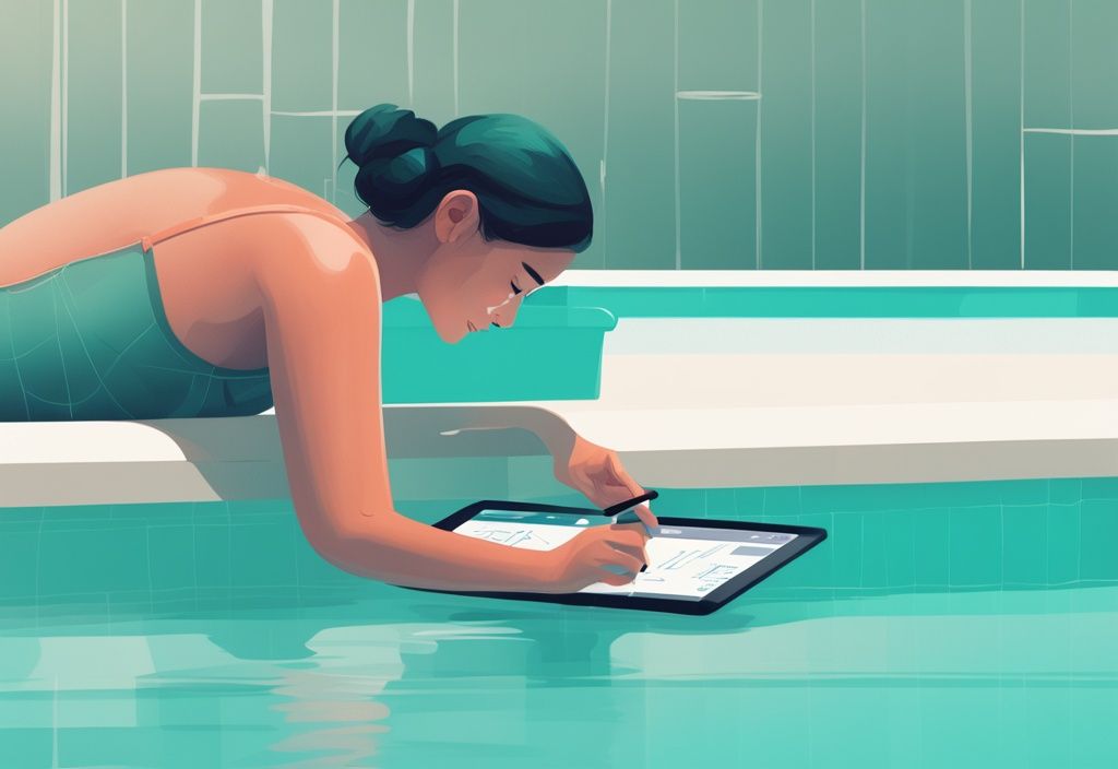 Person berechnet Volumen eines Pools mit digitalem Tablet und Pool-Volumen-Rechner-App, Hauptfarbe Teal.