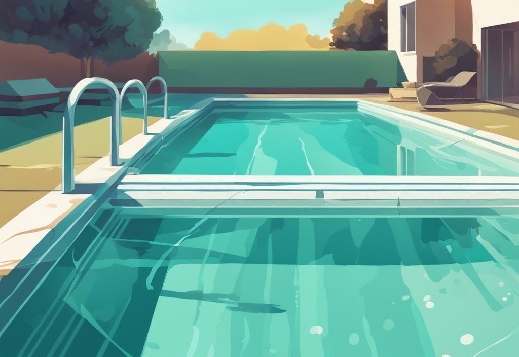 Moderne digitale Malerei einer Swimmingpool-Szene an einem sonnigen Tag mit Teal-Farbschema und sichtbaren Verdunstungsstrahlen.