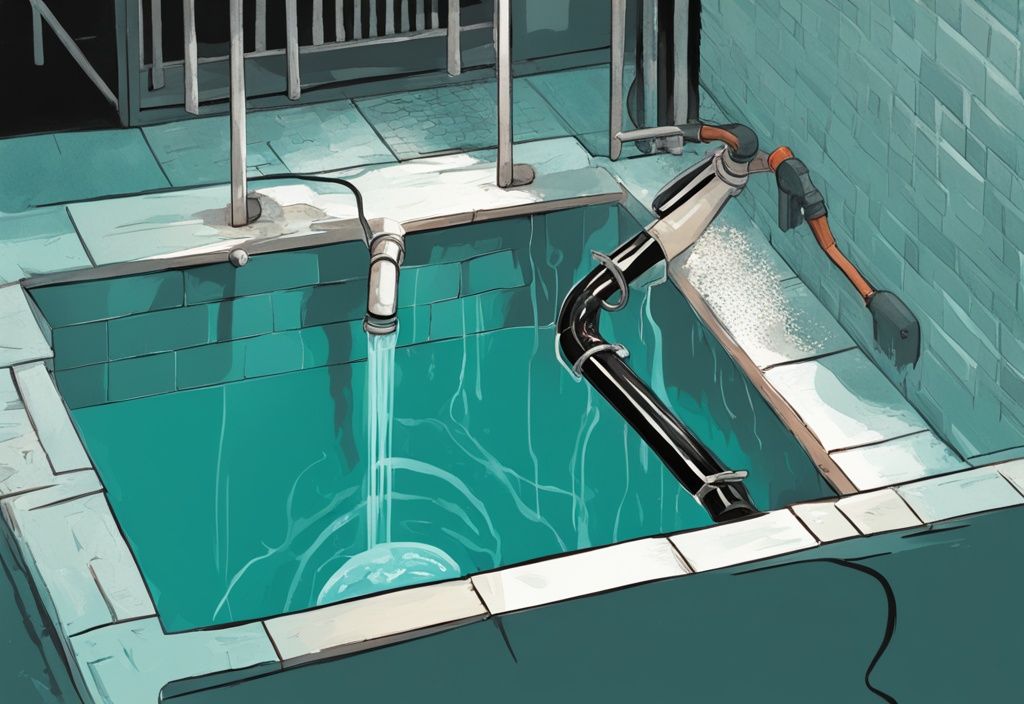 Moderne digitale Illustration zeigt den sicheren Prozess, Poolwasser im Gulli entsorgen, mit Schwerpunkt auf dem Rohr, das Wasser abführt, und dem sich allmählich leerenden Pool, Hauptfarbthema ist Türkis.