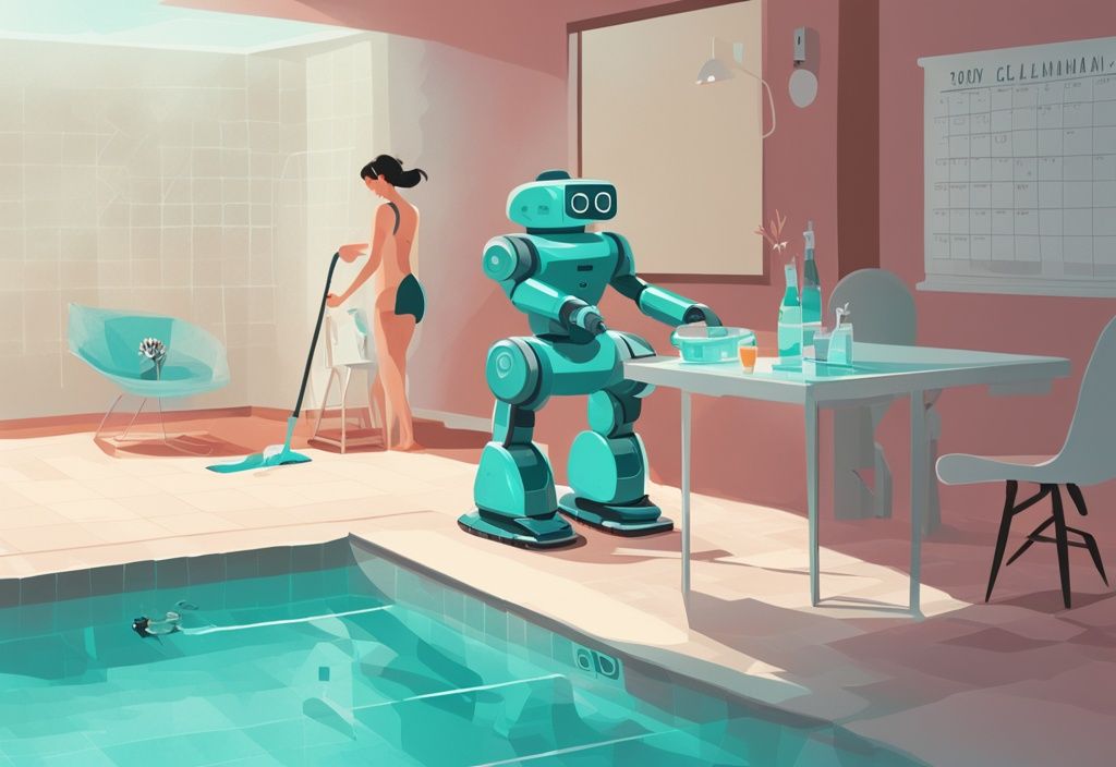 Moderne digitale Malerei mit einem Poolroboter, der einen kristallklaren Pool reinigt, neben einem Kalender mit regelmäßigem Reinigungsplan, Hauptfarbe Teal.