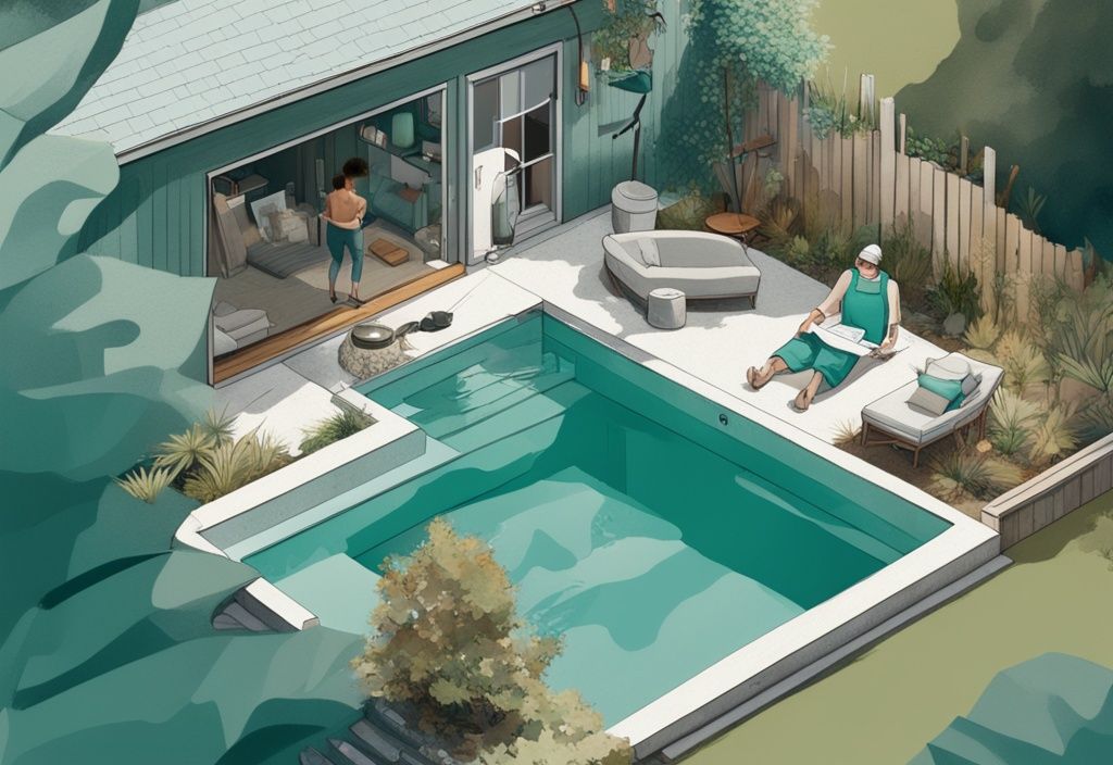 Hausbesitzer baut einen Biodesign-Pool selber bauen im Garten mit Werkzeugen, Plänen und Materialien, moderne digitale Illustration in Türkis.