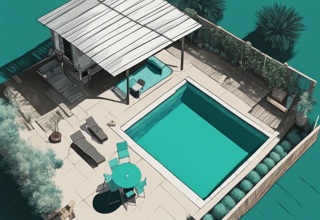 Top-Down-Ansicht eines Hinterhof-Schwimmbeckens, das schrittweise mit einer handgefertigten Poolüberdachung selber bauen abgedeckt wird, moderne digitale Malerei in Teal.