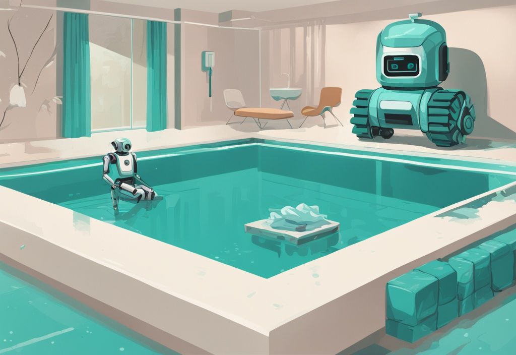 Moderner digitaler Gemäldeillustration eines hochwertigen Poolroboters in Teal, ausgezeichnet mit einem Pokal und Sternebewertung für beste Reinigungsleistung von Wänden und Böden.