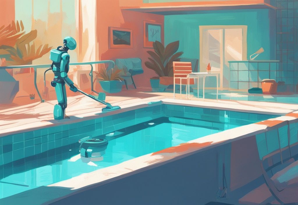 Moderner digitaler Gemäldeillustration eines besten Poolroboters für Folienbecken, der effizient den strahlend blauen, sonnenbeschienenen Pool reinigt.