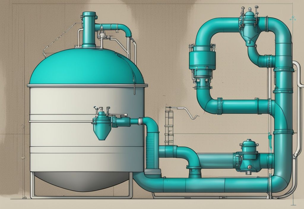 Querschnitt eines modernen Sandfiltersystems mit internen Schichten und Filterbällen, Hauptfarbe Teal