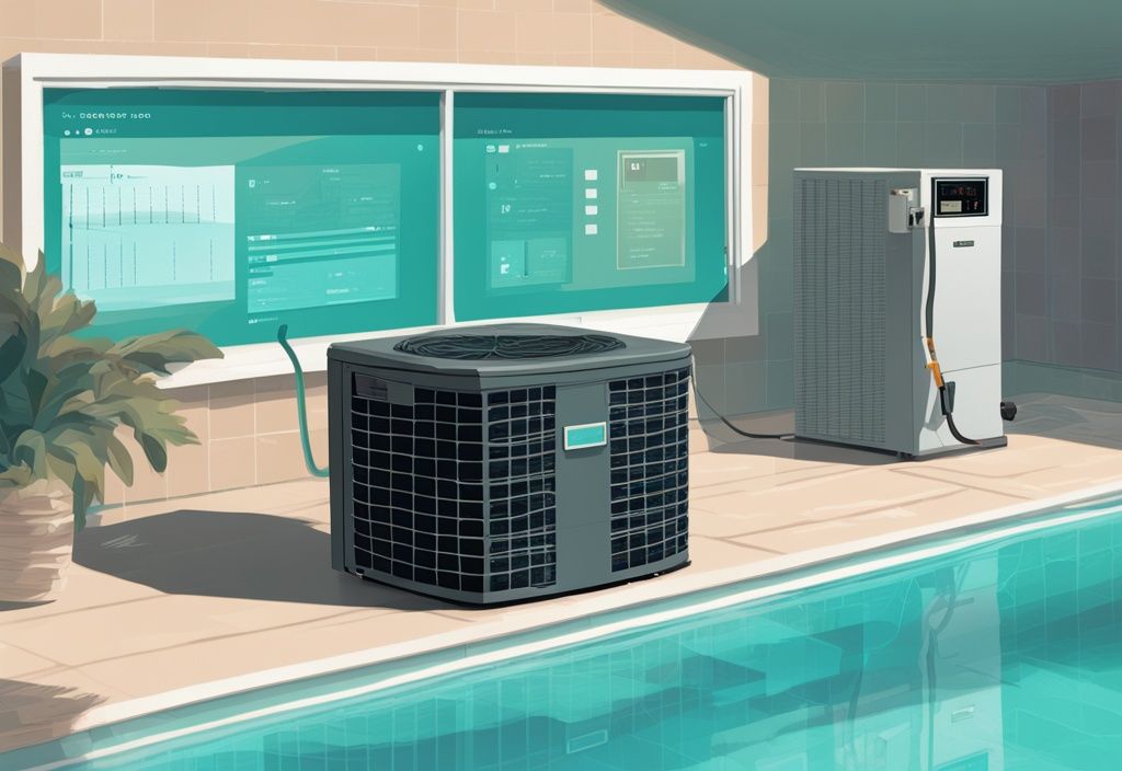 Moderne digitale Illustration in Teal: Pool-Wärmepumpe Inverter Test neben einem Swimmingpool mit digitalem Bildschirm, der Testergebnisse anzeigt.