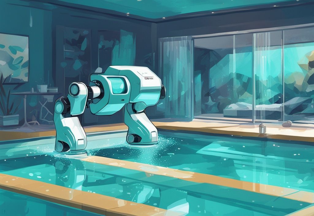 Moderne digitale Malerei eines hochmodernen Poolroboters, der einen funkelnd sauberen Swimmingpool in Türkis reinigt.