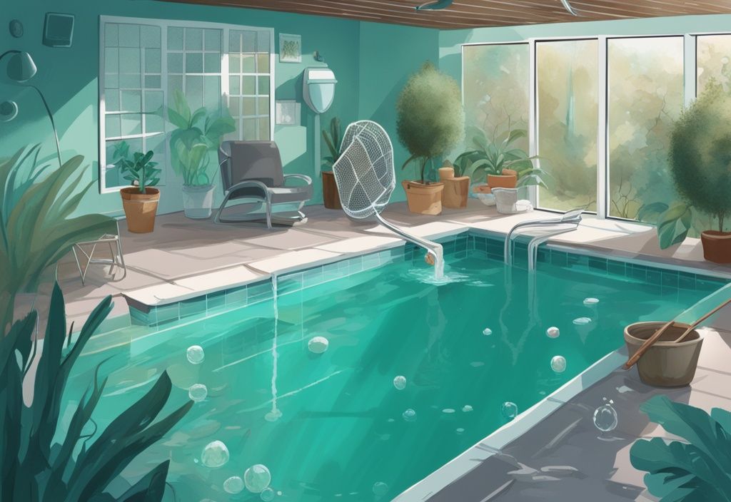 Moderne digitale Illustration eines kristallklaren Pools mit natürlichen Reinigungsmethoden wie Kescher, Poolbürsten und Pflanzen, die zeigen, wie man einen Pool ohne Pumpe sauber halten kann.