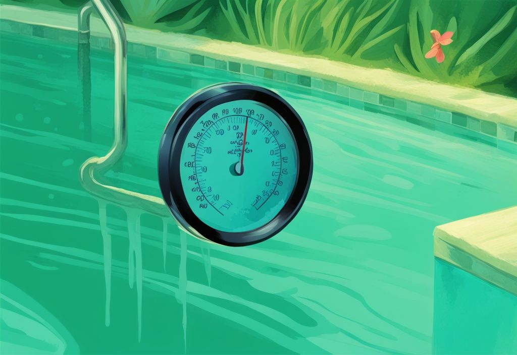 Nahaufnahme eines Poolthermometers mit hoher Temperaturanzeige und grünem Algenwachstum im Poolwasser, moderne digitale Illustration in Teal.