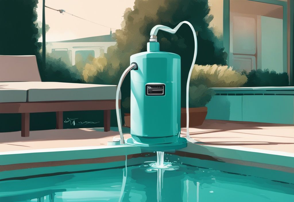 Moderne digitale Illustration in Türkis, die eine Poolpumpe zeigt, aus deren Entlüftungsventil Wasser tropft, platziert am Poolrand; Poolpumpe entlüften.