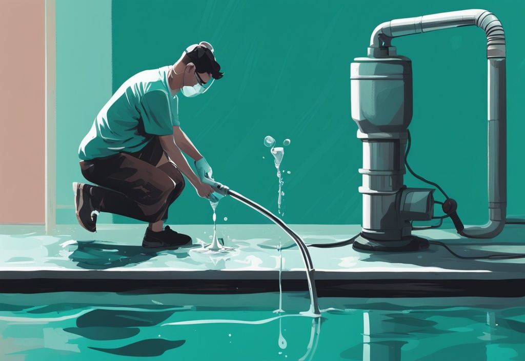 Moderne digitale Illustration einer Person, die einen Tauchpumpe verwendet, um schmutziges Poolwasser ablassen. Hauptfarbe: Türkis.