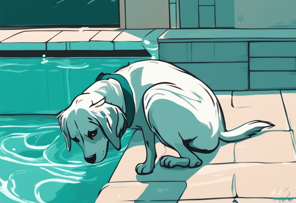 Moderner digitaler Gemäldeillustration: Hund hat Chlorwasser getrunken aus einem Schwimmbecken mit klarem, leicht bläulichem Wasser.