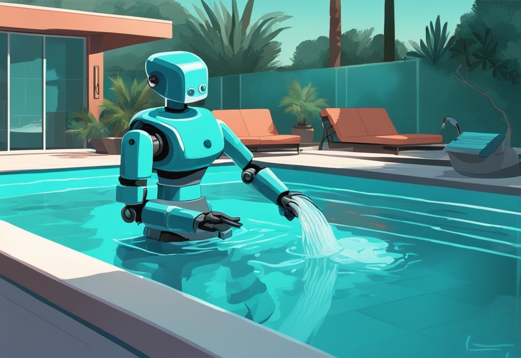 Moderner digitaler Gemäldeillustration eines erstklassigen Poolroboters, der einen lebhaft blauen, ausgekleideten Pool reinigt, mit Hauptfarbthema in Türkis.