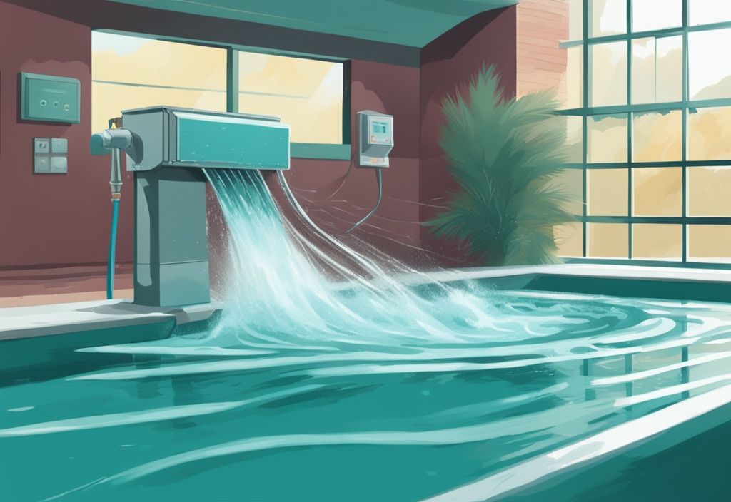 Moderne digitale Malerei, die den Vorgang des Pool rückspülen wohin mit Wasser zeigt, mit Wasser, das durch einen Rückspülschlauch aus dem Filtersystem eines Schwimmbeckens strömt, Hauptfarbthema Teal.